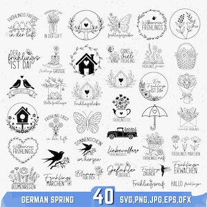 Puede incluir: Una colección de 40 diseños alemanes con temática primaveral en blanco y negro. Los diseños incluyen elementos florales, pájaros, mariposas y frases como "Hola primavera" y "La primavera está aquí". La parte inferior de la imagen dice "GERMAN SPRING 40 SVG, PNG, JPG, EPS, DFX."