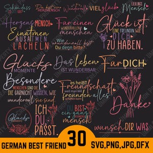 Może przedstawiać: Czarny projekt graficzny z różnymi niemieckimi frazami w kolorowym skrypcie, w tym "German Best Friend". Projekt zawiera ilustracje kwiatowe i liczbę 30, z opcjami formatu pliku: SVG, PNG, JPG i DFX.