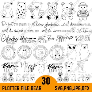Puede incluir: Una colección de 30 diseños de osos en blanco y negro. Las ilustraciones incluyen osos sosteniendo flores, corazones y usando suéteres. El texto incluye frases como "Du bist ZAU BAR HAFTI" y "PLOTTER FILE BEAR".