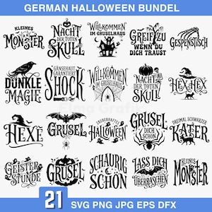 Könnte beinhalten: Eine digitale Sammlung von 21 schwarzen Grafikdesigns mit deutschen Halloween-Motiven, darunter Kürbisse, Skelette, Fledermäuse, Spinnen, Hexen und Geister. Die Texte enthalten Phrasen wie Kleines Monster, Nacht der Toten und Hex Hex, dargestellt in verschiedenen dekorativen Schriftarten auf weißem Hintergrund.