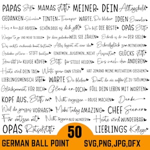 Könnte beinhalten: Schwarz-weiße Grafik mit deutschem Text, darunter Sätze wie "Write your own story" und "Make today AMAZING". Das Bild zeigt auch die Zahl "50" und die Wörter "GERMAN BALL POINT" sowie Dateitypoptionen.