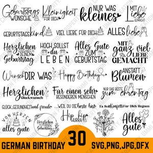 Puede incluir: Un conjunto de 30 archivos SVG, PNG, JPG y DFX con temática de cumpleaños alemanes. La imagen presenta frases en negro como "Happy Birthday" y "Alles Gute", junto con ilustraciones de pasteles y flores.