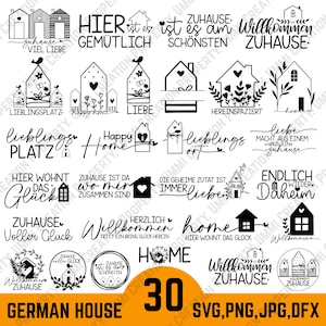 Puede incluir: Una colección de 30 diseños de casas alemanas en formatos SVG, PNG, JPG y DFX. Las ilustraciones en blanco y negro incluyen varias formas de casas, texto y elementos decorativos, perfectas para manualidades.