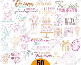 Colorful German Birthday SVG Bundle: Happy Birthday Lettering, Cake Toppers, Birthday Sayings German, Birthday Quotes (Digital Download)