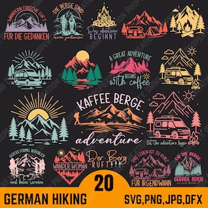 Op de afbeelding: Een verzameling van 20 Duitse wandelontwerpen in SVG-, PNG-, JPG- en DFX-formaten. De ontwerpen tonen bergen, campers, kampvuren en inspirerende zinnen zoals "A Great Adventure Begins with Coffee".