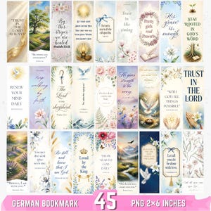 May include: A set of 45 bookmarks featuring inspirational quotes and floral designs. Each bookmark has a unique watercolor illustration and a religious verse. The bookmarks are 5 x 15 cm and are labelled as "German Bookmark".