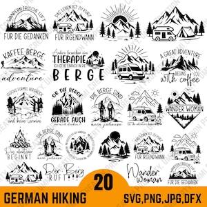 以下が含まれることがあります： ハイキングをテーマにした20種類の白黒デザインのコレクション。各デザインには、山、木、キャンピングカー、ドイツ語のテキストが使用されています。「Wander Woman」や「Adventure Begins with Coffee」などのフレーズが含まれています。