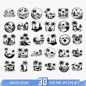 Op de afbeelding: Een verzameling van 30 zwart-witte strandscène-ontwerpen in cirkelvormige frames. Elk ontwerp bevat palmbomen, zeilboten, zonsondergangen en andere strandelementen. De tekst "BEACH SCENE" en "30" staan onderaan.
