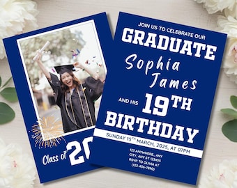Blue Graduation Announcement 2026 Template, Senior Graduation Invitation with Photo, Editable Canva College Grad Party Invite