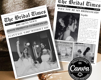 Plantilla de periódico para damas de honor, propuesta de matrimonio, anuncio de la fiesta nupcial, descarga digital