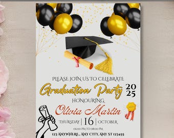 Editable Graduation Invitation Template, Black Gold Graduation Party Invite, Class of 2026 Canva Download