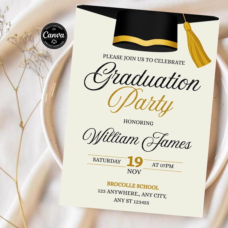 Elegant Graduation Party Invitation Template: Gold & Black Graduation ...