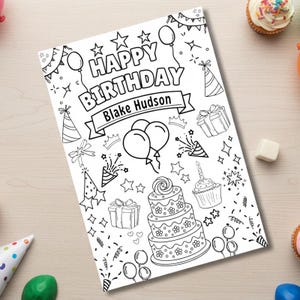 Personalized birthday coloring page template, edit child name in Canva and print at home