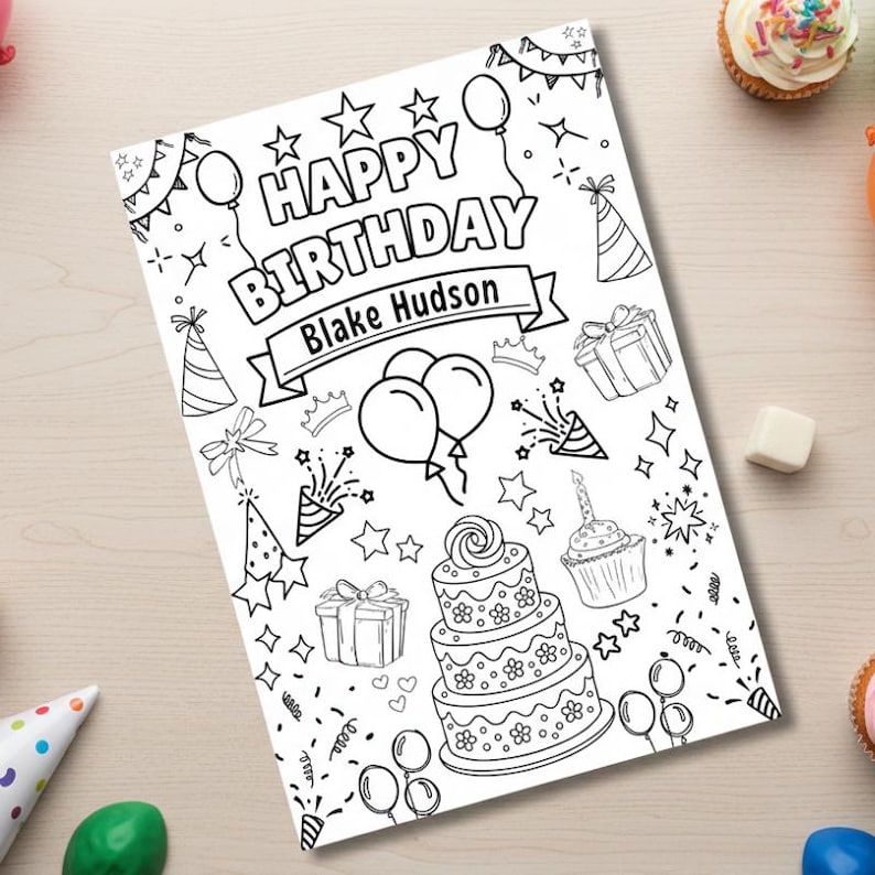 Personalized birthday coloring page template, edit child name in Canva and print at home
