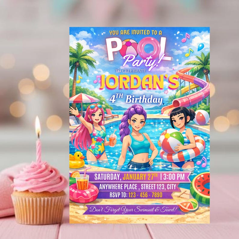 Anime party invitation design for kids birthday celebration with Kpop theme