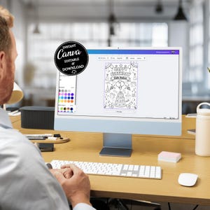 Puede incluir: Una persona trabaja en una computadora con una p&aacute;gina para colorear de cumplea&ntilde;os en la pantalla. La pantalla muestra un dise&ntilde;o en blanco y negro de "Happy Birthday" con un pastel, globos y regalos. Un c&iacute;rculo negro con el texto "Instant Canva Editable & Download" es visible.