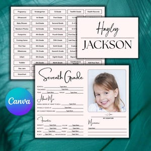 Puede incluir: Colección de plantillas imprimibles para diversos eventos de la vida, incluyendo baby showers, hitos escolares y registros de salud. Las plantillas presentan una paleta de colores suaves e incluyen espacio para fotos y texto personalizado. El logotipo de Canva es visible.