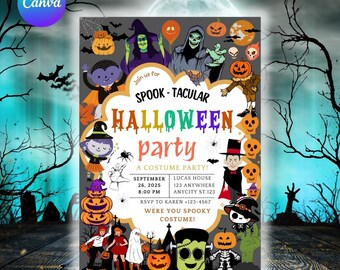 Invitación editable para fiesta de Halloween, temática de calabazas y fantasmas (descarga instantánea)