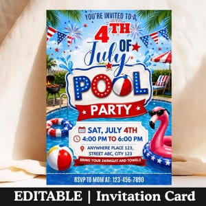 Mall för inbjudan till poolparty den 4 juli, redigerbar Canvas patriotisk sommarinbjudan, digital nedladdning för BBQ-badparty