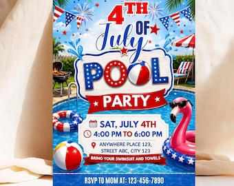 4. Juli Pool Party Einladung Vorlage, bearbeitbar Canva Vaterländischen Sommer einladen, BBQ Swim Party Digital Download