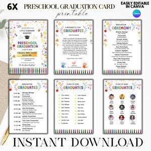 May include: A printable preschool graduation card set with six designs. The cards feature colorful illustrations, text, and the Canva logo. The text includes "Preschool Graduation," "Class of 2025," and "Instant Download."
