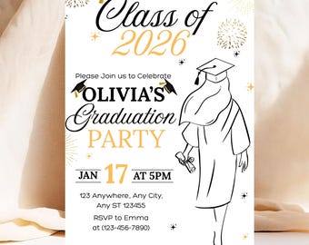 May include: A white graduation party invitation featuring black and gold text that reads Class of 2026, Olivia's Graduation Party, Jan 17 at 5PM, and RSVP details. The design includes black graduation caps, gold star accents, and a line drawing of a graduate.
