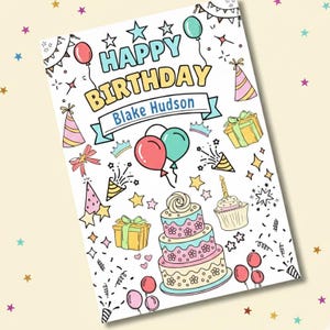 Kids birthday party activity page printable, fun happy birthday doodle coloring sheet