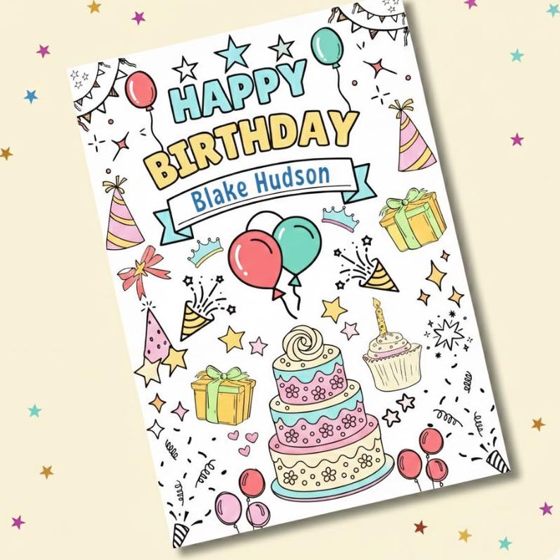 Kids birthday party activity page printable, fun happy birthday doodle coloring sheet