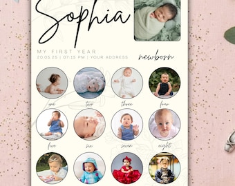 Editable Baby First Year Photo Board Canva Template, Monthly Baby Picture Collage, 1st Birthday Milestone Poster, Digital Download