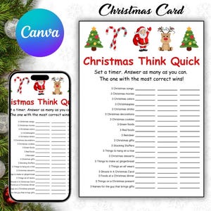 May include: A Christmas Think Quick game card with a festive design. The card features illustrations of a Christmas tree, candy cane, Santa Claus, and a reindeer. The game includes prompts for Christmas-themed trivia.