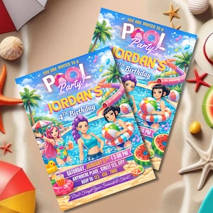 Kpop pool party birthday invitation printable template for kids party