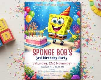 Bearbeitbare Biskuitkuchen-Geburtstagseinladungsvorlage, Kindergeburtstagsfeier einladen, Cartoon-Kuchenthema druckbar, Canva digitaler Download