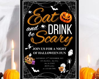 Halloween Party Invitation, Eat Drink and Be Scary, Adult Costume Party, Spooky Halloween Dinner, Editable Canva Template