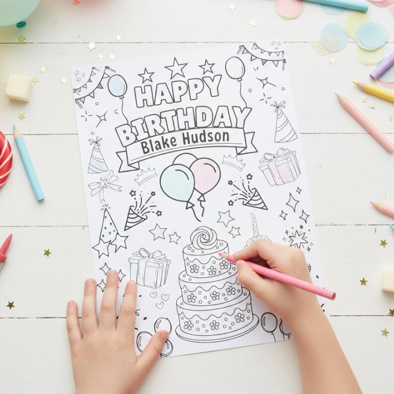 Black and white birthday coloring sheet with cake balloons gifts and stars, instant download printable
