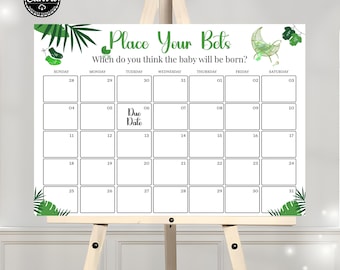 Juego de fecha de nacimiento para baby shower, cartel imprimible con el calendario "Haz tus apuestas", adivina la fecha de llegada del bebé, plantilla editable de Canva, descarga digital