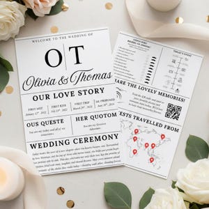 May include: Two-page wedding stationery set with a black and white design. The left page features the names "Olivia & Thomas" and wedding details. The right page includes a "Guess Who" game and a world map with red markers.