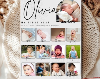 Editable Baby First Year Photo Board Canva Template, 1st Birthday Milestone Poster, Monthly Baby Picture Collage