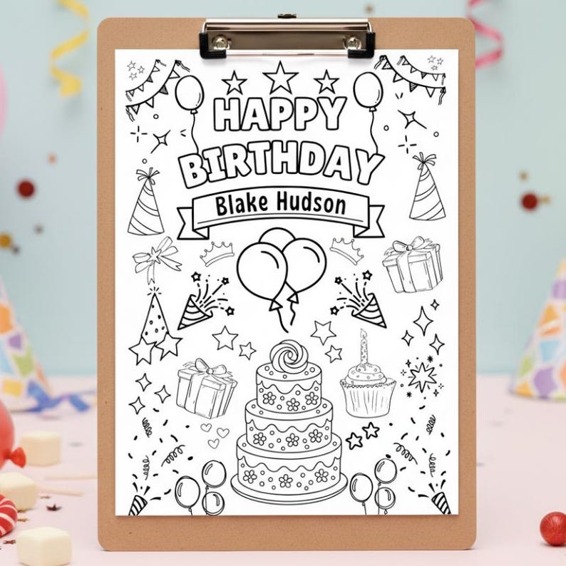Puede incluir: Una p&aacute;gina para colorear de cumplea&ntilde;os en blanco y negro con el texto "HAPPY BIRTHAY Blake Hudson". La p&aacute;gina incluye ilustraciones de globos, estrellas, gorros de fiesta, regalos, una tarta y una magdalena, todo en un estilo de dibujo lineal.