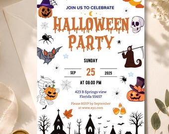 May include: A white Halloween party invitation card featuring orange dripping text, a purple-hatted pumpkin, a skull, a bat, a mummy, a grim reaper, and a black silhouette of a haunted house. The text includes date, time, and location details.