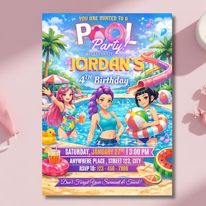 Peut inclure: Une invitation colorée à une fête à la piscine avec des illustrations de filles en maillot de bain. L'invitation annonce "Pool Party!" et "4e anniversaire de Jordan." Elle comprend également la date, l'heure, le lieu et les coordonnées RSVP. Le design comprend une piscine, des toboggans aquatiques et des éléments de plage.