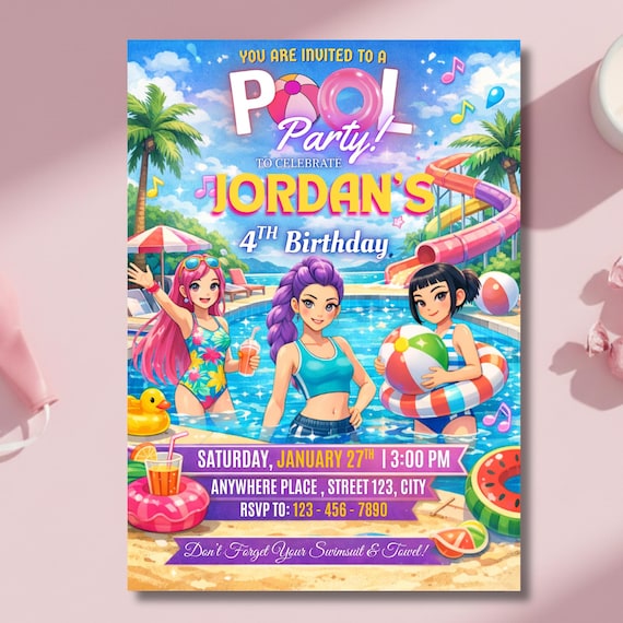 Kpop Birthday Invitation Editable Canva Template, Anime Party Invite for Kids, Kpop Pool Party Printable Birthday Invitation
