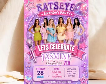 Katseye Geburtstagseinladung, K-Pop Girl Group Party einladen, bearbeitbare Pink Disco Canva Vorlage Digitaler Download