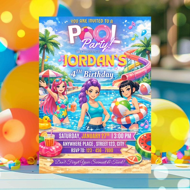 Kpop birthday invitation template editable in Canva for kids anime themed birthday party