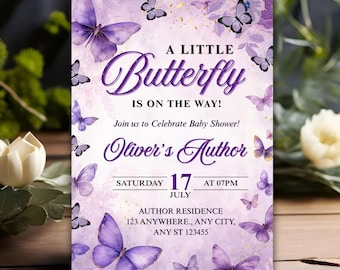 Butterfly Baby Shower Invitation Template, Pink Purple Butterfly Invite, A Little Butterfly Is On The Way, Girl Baby Shower Invitation Canva