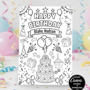 Editable happy birthday coloring page in Canva with personalized name banner, printable kids activity