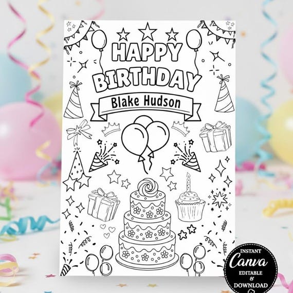 Editable Happy Birthday Coloring Page Canva, Personalized Kids Coloring Sheet, Printable Birthday Activity Page, Instant Download