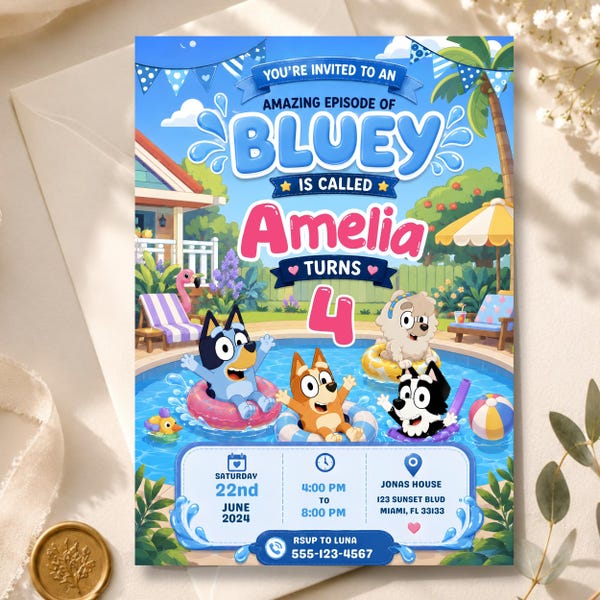 Blue Pool Party Invitation, Kids Swim Birthday Invite, Puppy Pool Party Template, Summer Birthday Evite, Editable Invite