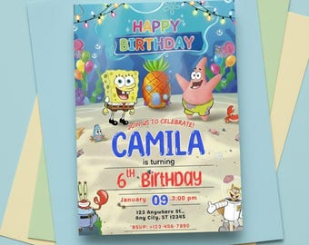 Sponge Cake Birthday Invitation Card Template, Printable Under the Sea sponge Evite, Cartoon Party Template, Kids Party, Instant Downloads