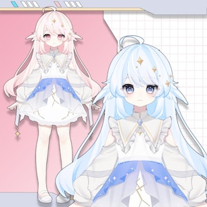 May include: Two anime-style characters are shown, one in pink and the other in blue. Both wear white dresses with blue details and star-shaped decorations. Their long hair is styled with star-shaped accessories.