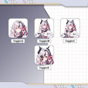K&ouml;nnte beinhalten: Vier Anime-Charakterportr&auml;ts mit wei&szlig;en Haaren, H&ouml;rnern und roten Akzenten. Jedes Bild ist mit "Toggle:" und einem Buchstaben beschriftet: Q, W, E und R. Die Charaktere tragen schwarz-wei&szlig;e Outfits.